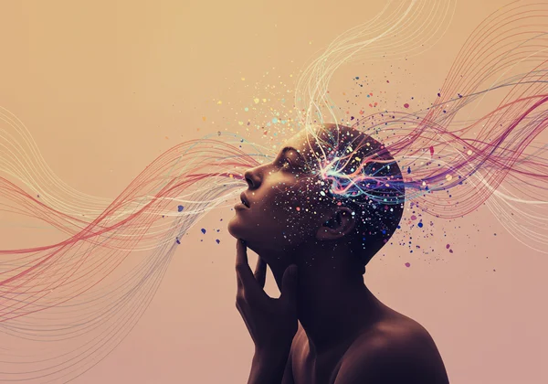 Person reflecting, surrounded by abstract identity spectrum