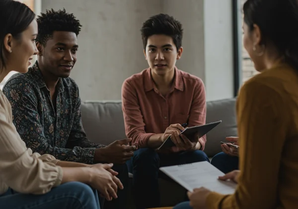 Diverse friends having a supportive, empathetic conversation