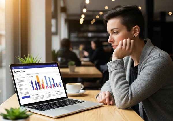 User reflecting on a Kinsey Scale test on a device.