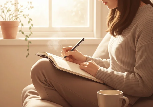 Person journaling in a peaceful setting for self-care.