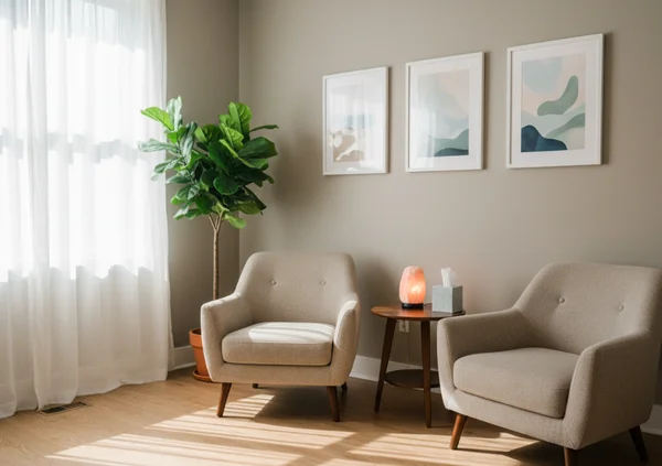 A warm, inviting image of a modern therapy office with comfortable armchairs